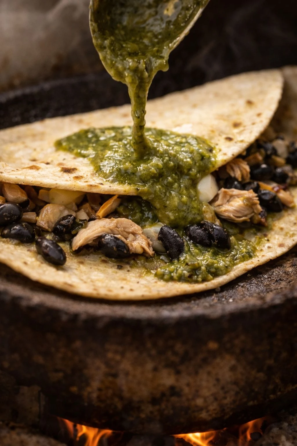 "Chicken tacos in green mole sauce"