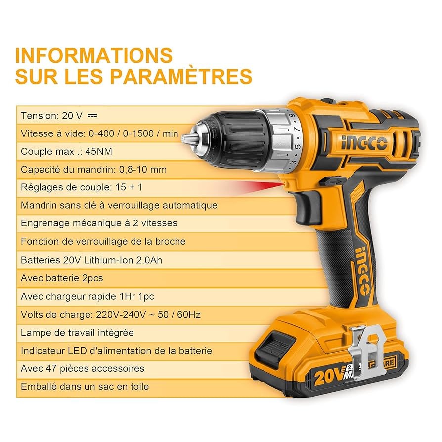 Ingco Cordless Drill 20V 2Ah - 45Nm